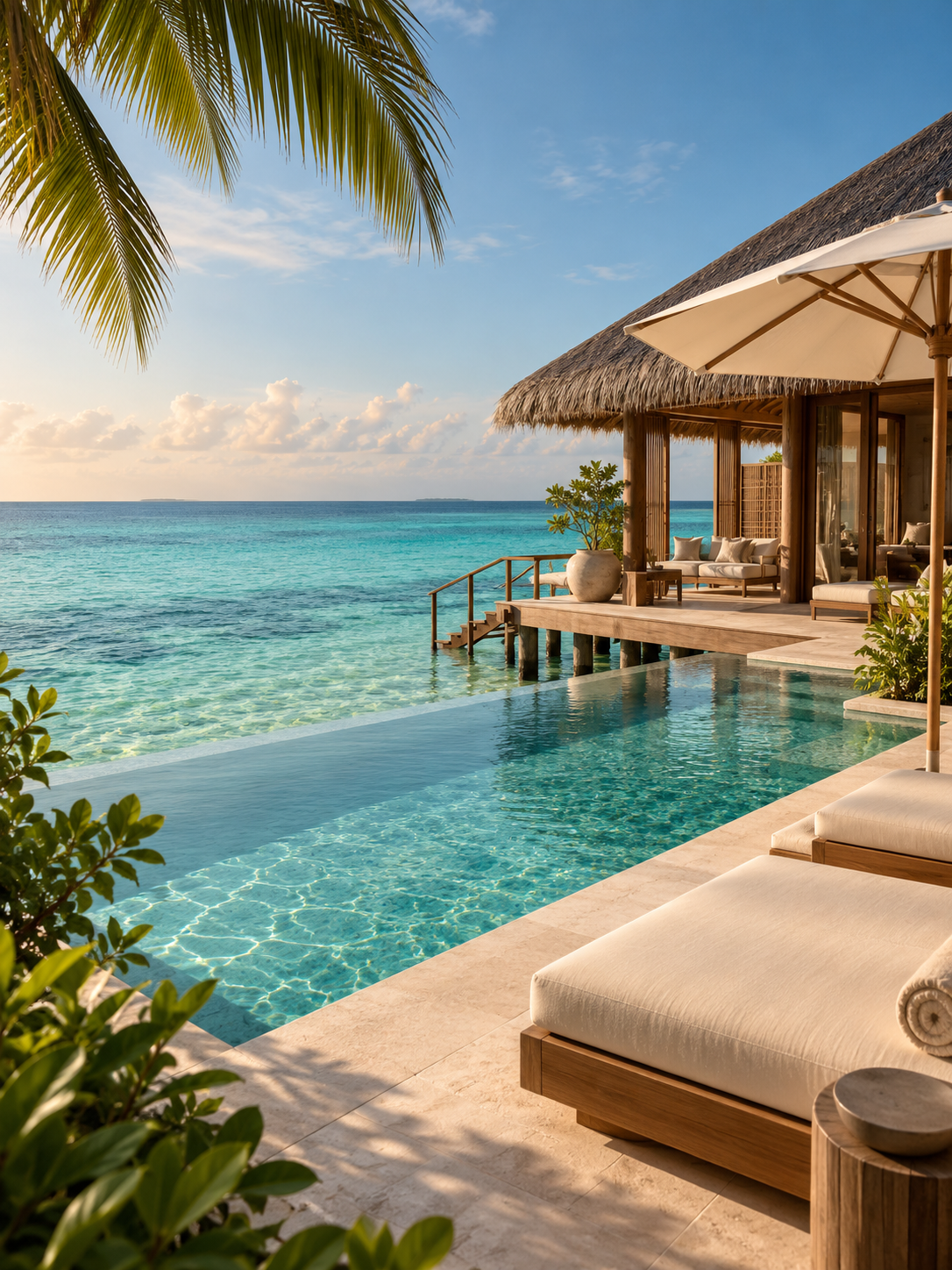 Illustrative Maldives villa terrace with a private infinity pool overlooking a turquoise lagoon