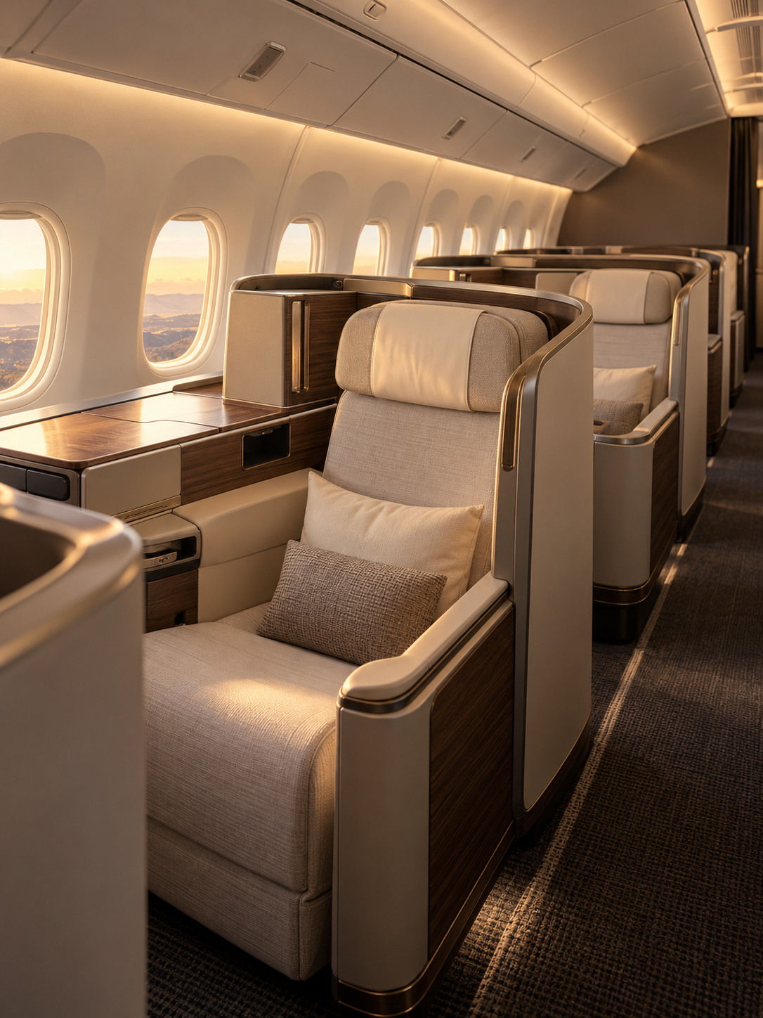 Illustrative unbranded Business Class cabin with cream suites in warm golden light